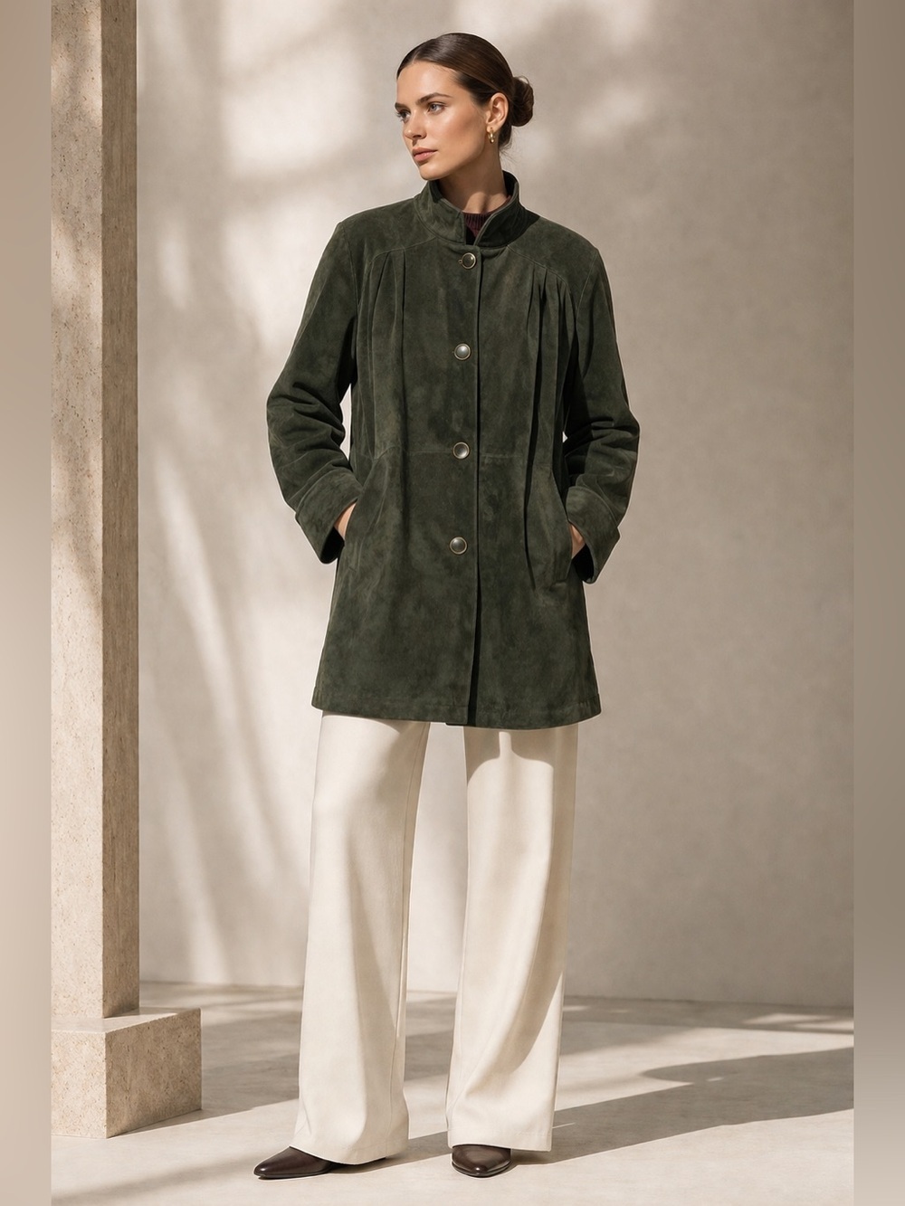 DANIER Suede Coat Leather Buttons Oversized Moss Green Luxe